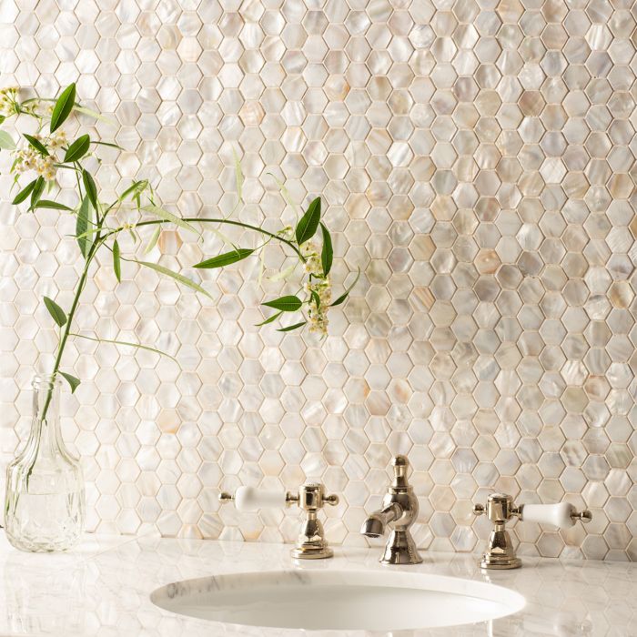 White Pearl Hexagon Shell Mosaic - White Mosaics Effect Polished Shell ...